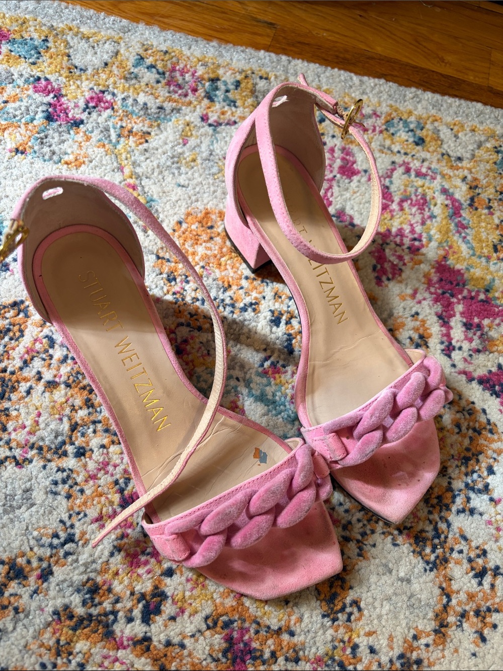 Stuart Weitzman Braided Pink Suede Ankle-Strap Block Heels
